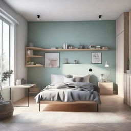 A minimalist yet cozy bedroom designed for a teenager, featuring functional modern furniture, calming colors and organized spaces