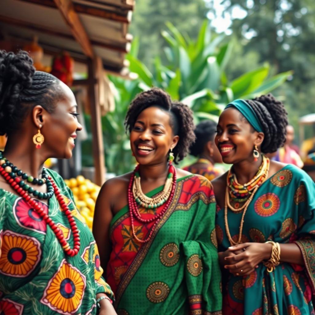 A vibrant scene showcasing a group of Tanzanian women in traditional attire, adorned with colorful kanga fabrics and intricate jewelry, engaging in a lively market setting