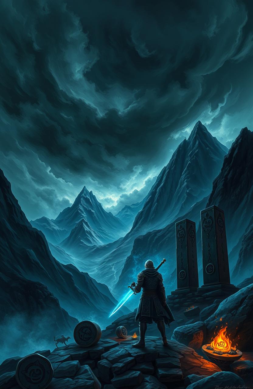 A dark and mystical landscape inspired by a fantasy universe, featuring a treacherous mountain range under a stormy sky filled with swirling clouds