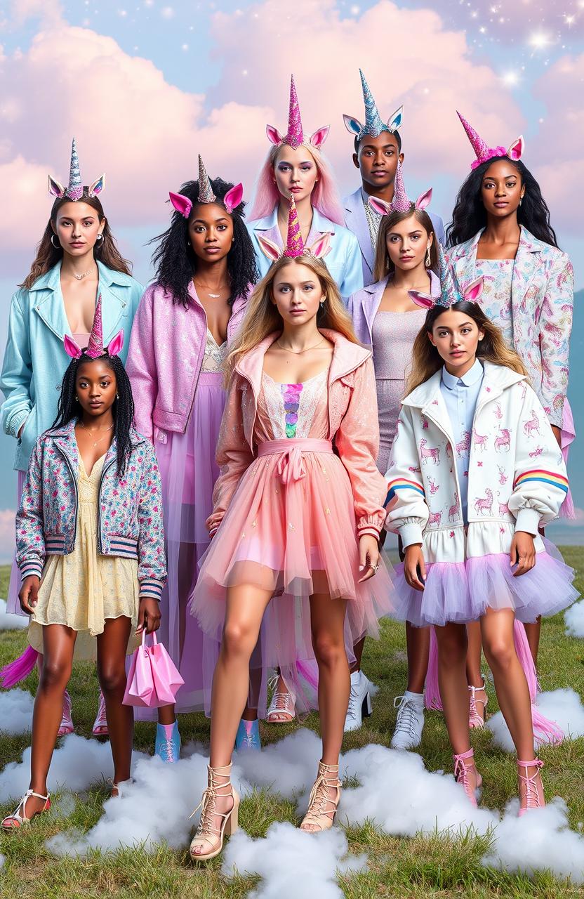 A vibrant unicorn-themed fashion portfolio showcasing a variety of stylish garments and accessories inspired by unicorns