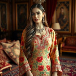 An elegant Persian woman dressed in traditional, beautifully embroidered attire made of luxurious fabrics, featuring intricate floral patterns and vibrant colors