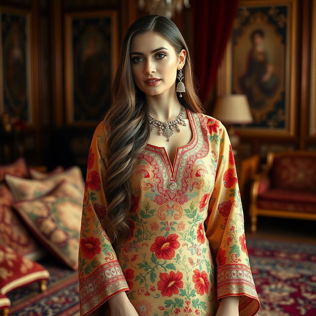 An elegant Persian woman dressed in traditional, beautifully embroidered attire made of luxurious fabrics, featuring intricate floral patterns and vibrant colors