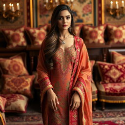 An elegant Persian woman dressed in traditional, beautifully embroidered attire made of luxurious fabrics, featuring intricate floral patterns and vibrant colors