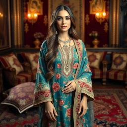 An elegant Persian woman dressed in traditional, beautifully embroidered attire made of luxurious fabrics, featuring intricate floral patterns and vibrant colors