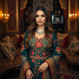 An elegant Persian woman dressed in traditional, beautifully embroidered attire made of luxurious fabrics, featuring intricate floral patterns and vibrant colors