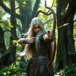 A majestic elf ranger standing in a lush forest, surrounded by tall, ancient trees and vibrant greenery