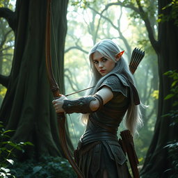 A majestic elf ranger standing in a lush forest, surrounded by tall, ancient trees and vibrant greenery