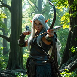 A majestic elf ranger standing in a lush forest, surrounded by tall, ancient trees and vibrant greenery