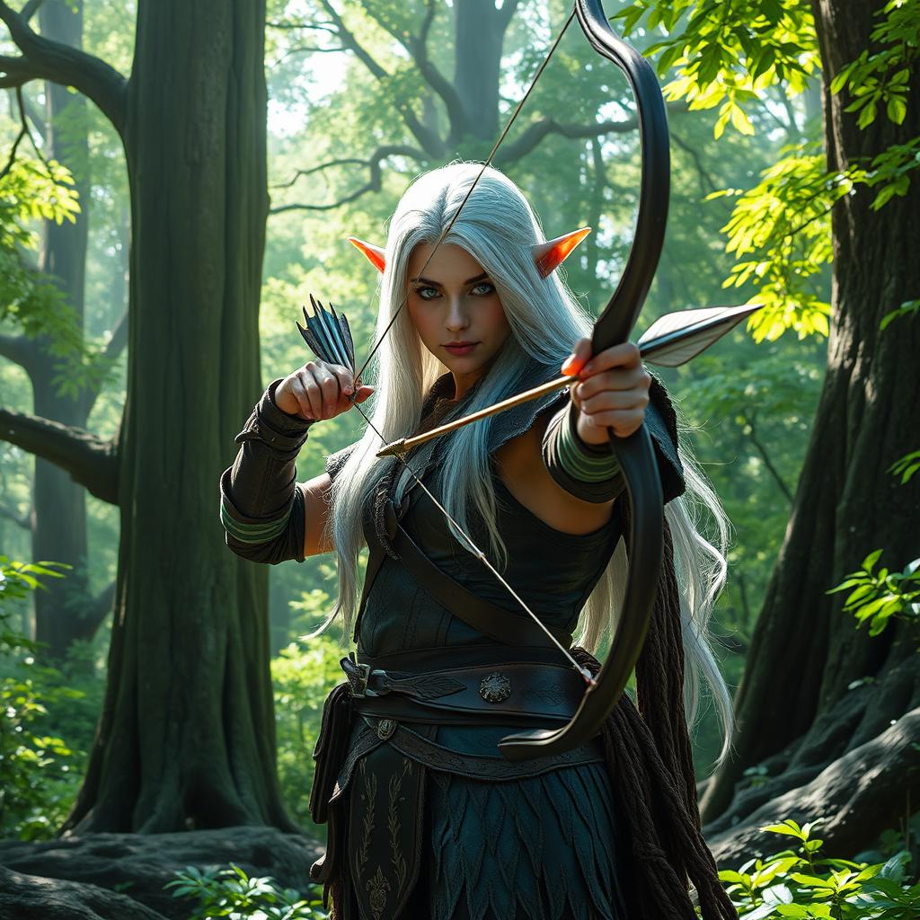 A majestic elf ranger standing in a lush forest, surrounded by tall, ancient trees and vibrant greenery