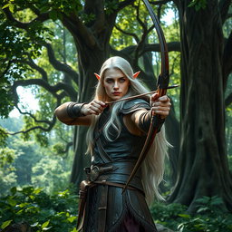 A majestic elf ranger standing in a lush forest, surrounded by tall, ancient trees and vibrant greenery