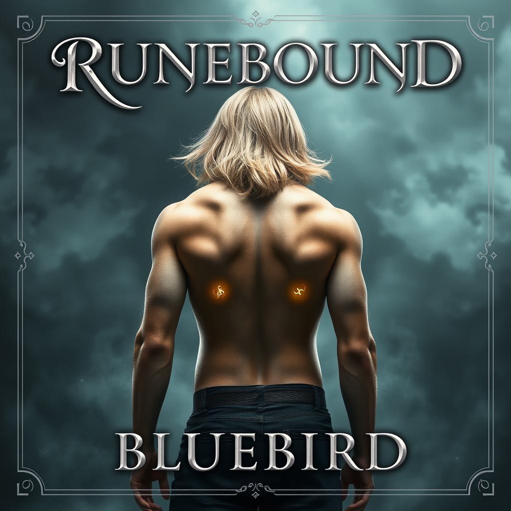 A fantasy book cover featuring the title "RUNEBOUND" displayed at the top in elegant silver cursive lettering with a soft shadow effect to give it depth