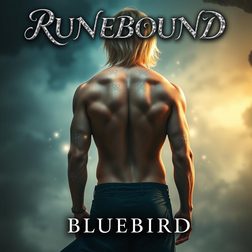 A captivating fantasy book cover featuring the title "RUNEBOUND" at the top displayed in shimmering silver cursive lettering, enhanced with a subtle shadow effect for depth