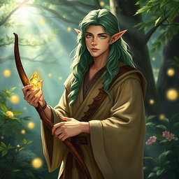A male elf druid standing gracefully in a mystical forest setting, surrounded by vibrant flora and soft, glowing orbs of light