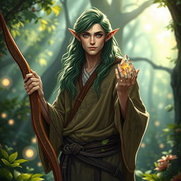 A male elf druid standing gracefully in a mystical forest setting, surrounded by vibrant flora and soft, glowing orbs of light