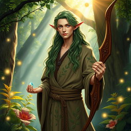 A male elf druid standing gracefully in a mystical forest setting, surrounded by vibrant flora and soft, glowing orbs of light