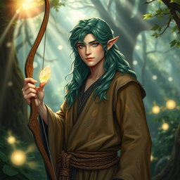 A male elf druid standing gracefully in a mystical forest setting, surrounded by vibrant flora and soft, glowing orbs of light