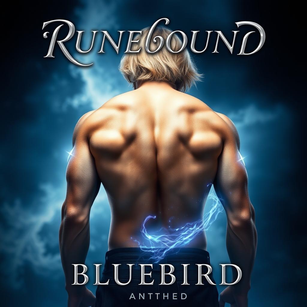 A fantasy book cover featuring the title "RUNEBOUND" elegantly displayed at the top in silver cursive lettering, embellished with a subtle shadow effect that enhances its visibility