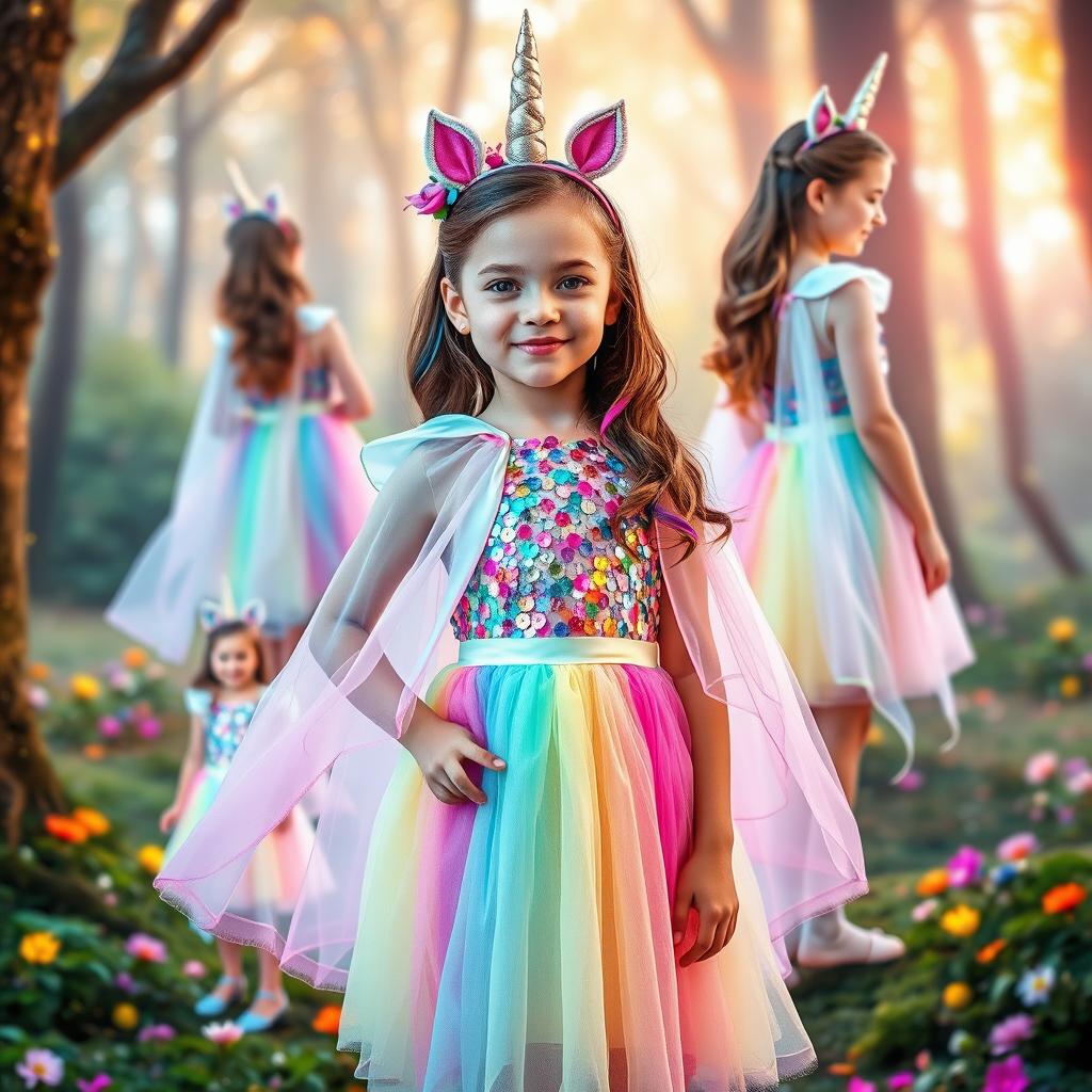 A stylish fashion portfolio featuring a girl dressed in a whimsical unicorn-themed outfit