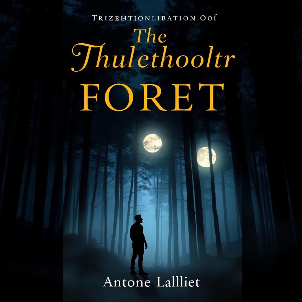 A captivating book cover design that features a mysterious forest at twilight, with tall, shadowy trees and a misty atmosphere