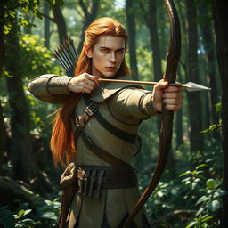 A striking male elf ranger standing poised in a dense, enchanted forest, surrounded by vibrant greenery and towering trees