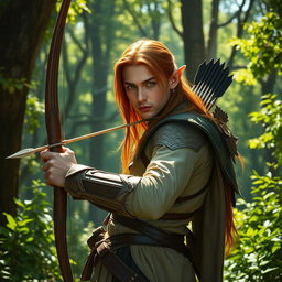A striking male elf ranger standing poised in a dense, enchanted forest, surrounded by vibrant greenery and towering trees