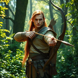 A striking male elf ranger standing poised in a dense, enchanted forest, surrounded by vibrant greenery and towering trees