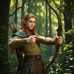 A striking male elf ranger standing poised in a dense, enchanted forest, surrounded by vibrant greenery and towering trees