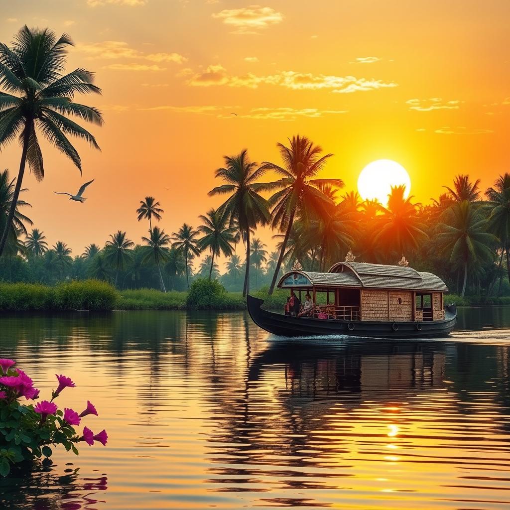A beautifully crafted image of a serene landscape in Kerala, India, showcasing the tranquil backwaters
