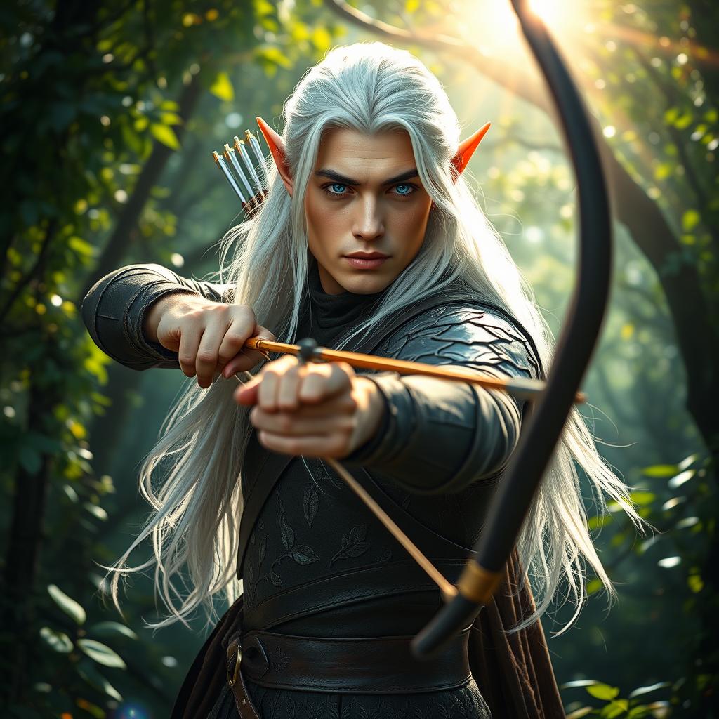A striking male elf ranger positioned confidently in a vibrant, enchanted forest