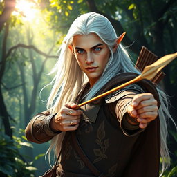 A striking male elf ranger positioned confidently in a vibrant, enchanted forest