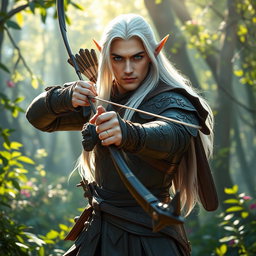A striking male elf ranger positioned confidently in a vibrant, enchanted forest