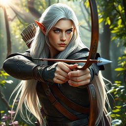 A striking male elf ranger positioned confidently in a vibrant, enchanted forest
