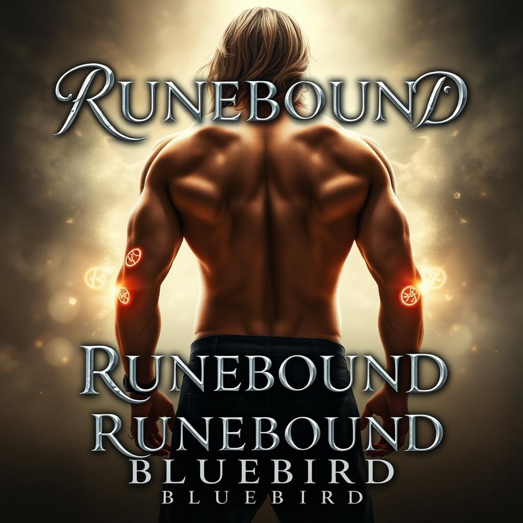 A stunning fantasy book cover titled "RUNEBOUND" elegantly positioned at the top in silver fancy cursive lettering, complete with a subtle shadow effect that adds depth