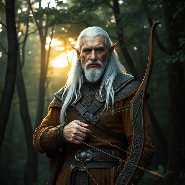 An older male elf ranger standing commanding yet calm in a serene, enchanted forest