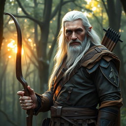 An older male elf ranger standing commanding yet calm in a serene, enchanted forest