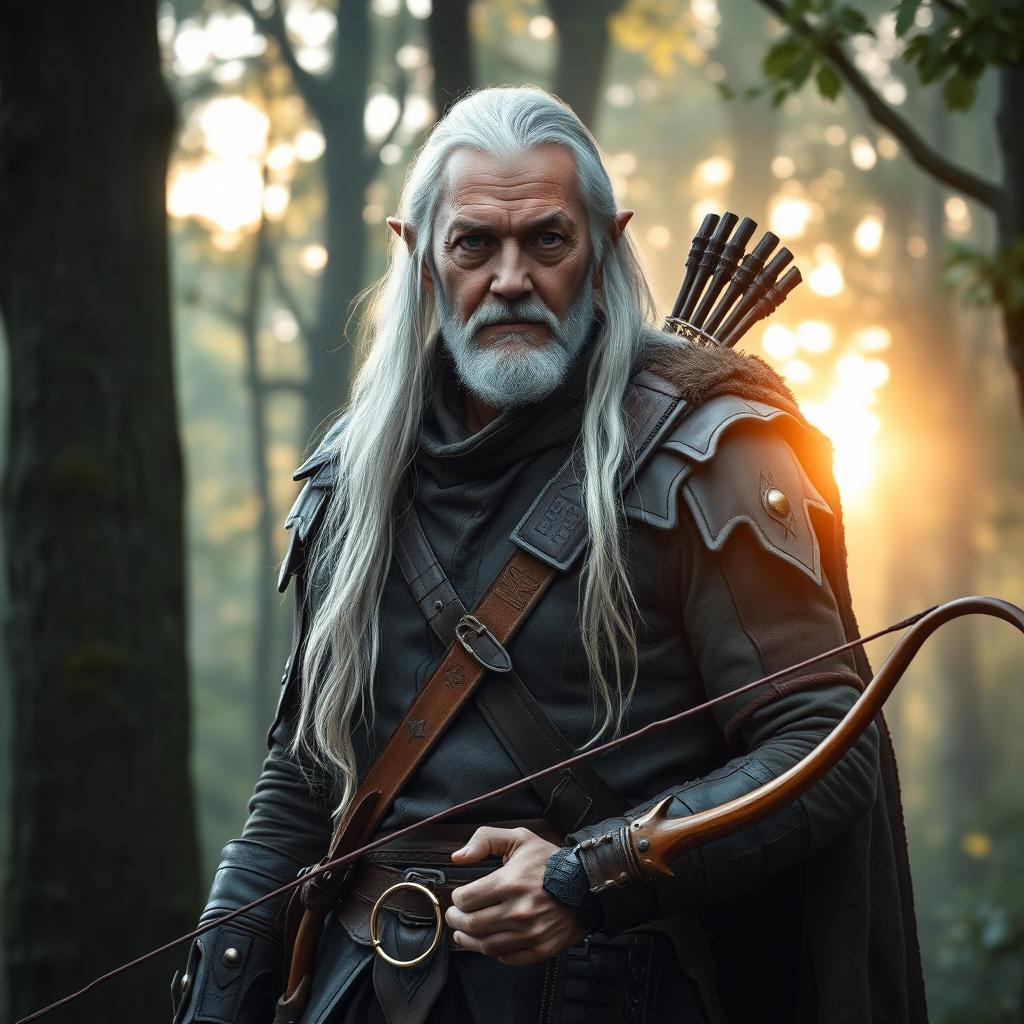 An older male elf ranger standing commanding yet calm in a serene, enchanted forest