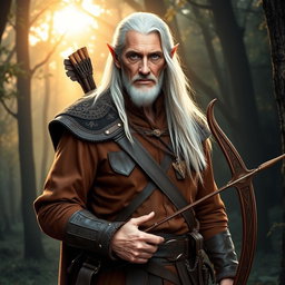 An older male elf ranger standing commanding yet calm in a serene, enchanted forest