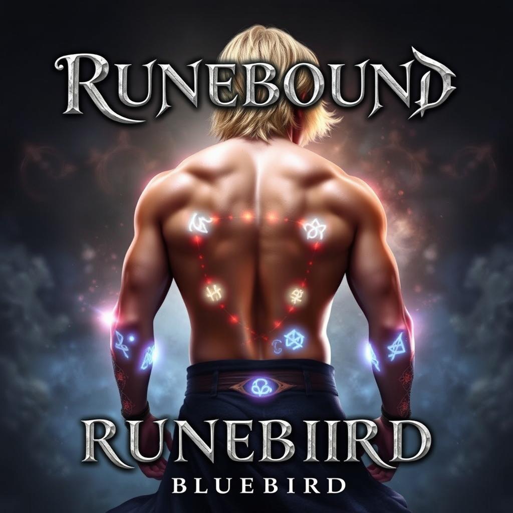 A captivating fantasy book cover titled "RUNEBOUND" showcased at the top in silver fancy cursive lettering, featuring a subtle shadow effect for depth