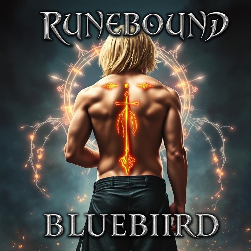 An enchanting fantasy book cover titled "RUNEBOUND" prominently displayed at the top in silver fancy cursive lettering, enhanced by a subtle shadow effect that adds depth and elegance