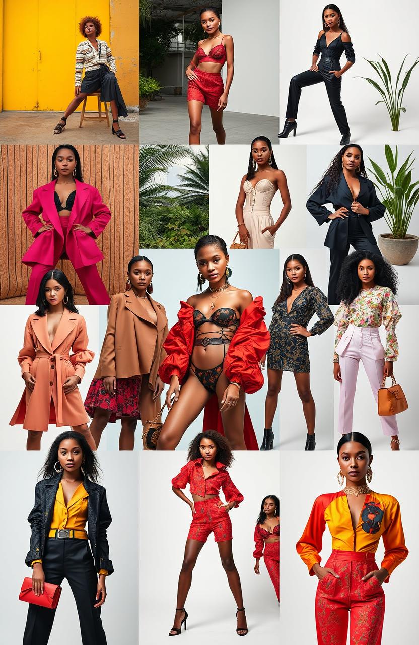 A stunning and vibrant fashion portfolio showcasing a diverse range of models wearing high-end, contemporary outfits