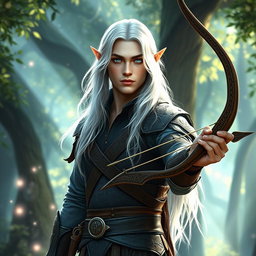 An adult male fey elf ranger stands gracefully in a mystical forest, surrounded by shimmering foliage and ethereal lights