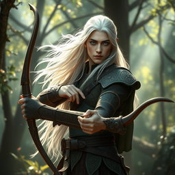 An adult male fey elf ranger stands gracefully in a mystical forest, surrounded by shimmering foliage and ethereal lights