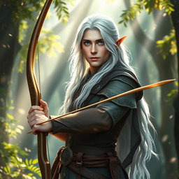 An adult male fey elf ranger stands gracefully in a mystical forest, surrounded by shimmering foliage and ethereal lights