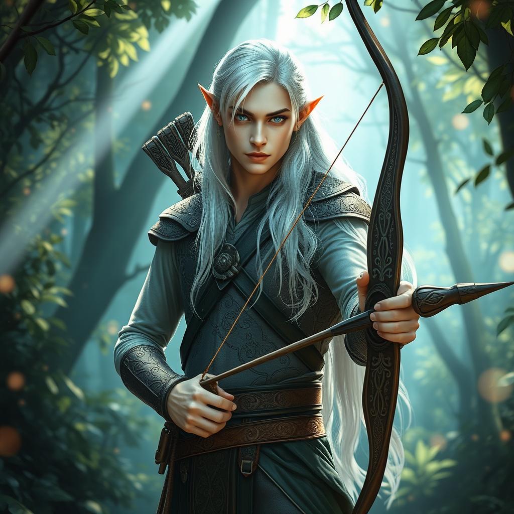 An adult male fey elf ranger stands gracefully in a mystical forest, surrounded by shimmering foliage and ethereal lights