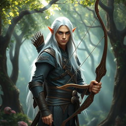 An adult male fey elf ranger stands poised in a whimsical, enchanted forest, radiating charm and elegance