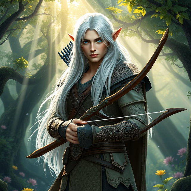 An adult male fey elf ranger stands poised in a whimsical, enchanted forest, radiating charm and elegance
