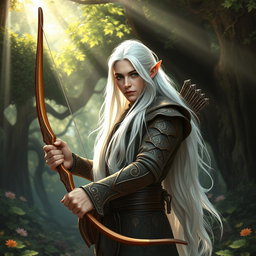 An adult male fey elf ranger stands poised in a whimsical, enchanted forest, radiating charm and elegance