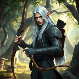 An adult male fey elf ranger stands poised in a whimsical, enchanted forest, radiating charm and elegance