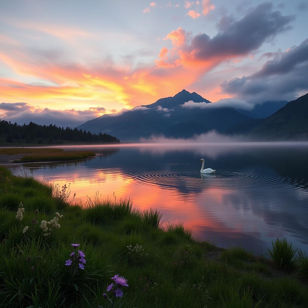 A serene landscape at sunrise featuring a tranquil lake reflecting the vibrant colors of the sky