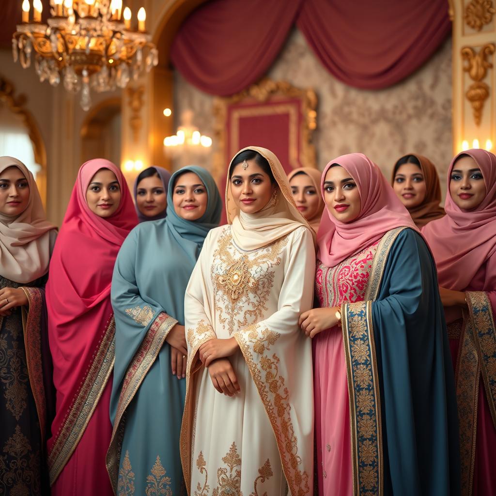 A group of elegant Saudi women dressed in beautiful traditional attire, showcasing intricate embroidery and vibrant colors